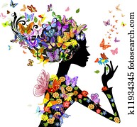 menina, moda, flores, com, borboletas