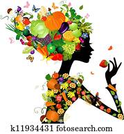 moda, menina, com, cabelo, de, frutas, para, seu, desenho