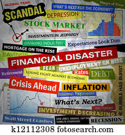 negócio, financeiro, desastre, manchetes