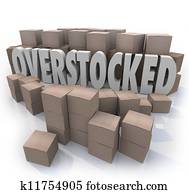 Overstocked, palavras, caixas cartão, armazém, inventário