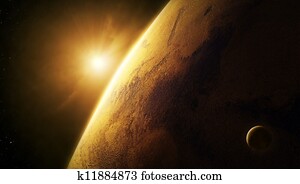 Planet Mars close-up with sunrise in space 