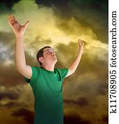 Religious Peace Man Reaching for the Sky Clouds