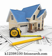 Residential house with tools on architect blueprints. Residential house with tools on architect blueprints.
