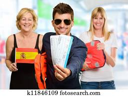 retrato, de, feliz, turista, familia