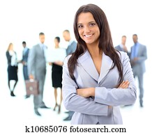 retrato, de, un, joven, mujer de negocios, con, gente, discutir, en, plano de fondo