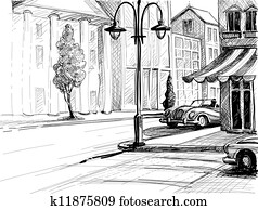 Retro city sketch, street, buildings and old cars vector illustration, pencil on paper style Retro city sketch, street, buildings and old cars vector illustration, pencil on paper style