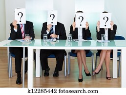 Row of businesspeople with question marks