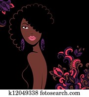 schön, afrikanische amerikanische frau, silhouette, mit, a, blumen