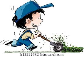 Smiling Boy Cutting Lawn Smiling Boy Cutting Lawn