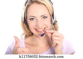 sorrindo, recepcionista, dar, um, polegares cima