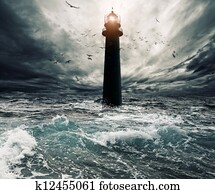 Stormy sky over flooded lighthouse Stormy sky over flooded lighthouse