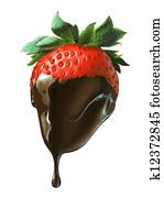 Strawberry half covered by liquid chocolate dripping. Strawberry half covered by liquid chocolate dripping.