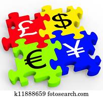 símbolos moeda corrente, quebra-cabeça, mostrando, forex