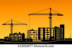 trabalhando, guindastes, ligado, local construção