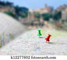 Travel destination map push pins blur