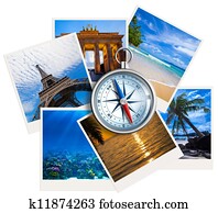 Traveling photos collage with compass on white background Traveling photos collage with compass on white background