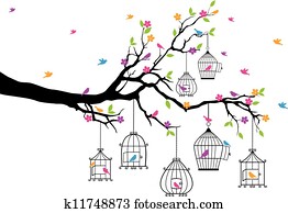 tree with birds and birdcages tree with birds and birdcages