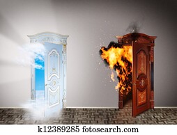 Two doors to heaven and hell. Choice concept. Two doors to heaven and hell. Choice concept.