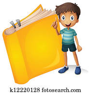 um, sorrindo, menino, e, um, amarela, livro