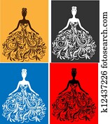 vector, silueta, de, mujer joven, en, un, vestido