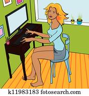 vector young woman sitting at home working on a computer