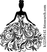 vetorial, silueta, de, mulher jovem, em, vestido