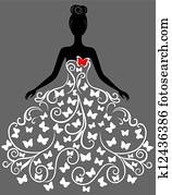 vetorial, silueta, de, mulher jovem, em, vestido