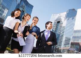 vrolijke, anders, groep, van, bestuursleden, wijzende, op, zakelijk, center., buiten