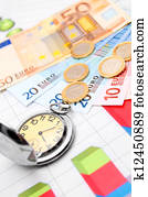 Watch and money. On financial graphs.
