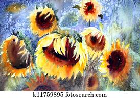 Watercolor painting of beautiful sunflowers. Watercolor painting of beautiful sunflowers.