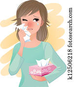 Watery eyed woman hodling facial ti Watery eyed woman hodling facial ti