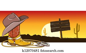 Western image with cowboy clothes and desert landscape Western image with cowboy clothes and desert landscape