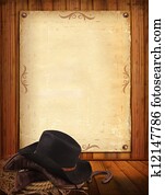 westliche, hintergrund, mit, cowboy, kleidung, und, alt, papier, für, text westliche, hintergrund, mit, cowboy, kleidung, und, alt, papier, für, text
