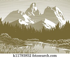 Woodcut Mountain Lake Scene Woodcut Mountain Lake Scene