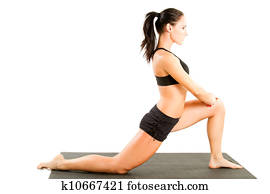 young woman in sports bra on yoga pose on isolated white background