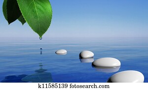 Zen stones in the blue water and green leaf with water drop Zen stones in the blue water and green leaf with water drop