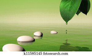 Zen stones in the blue water and green leaf with water drop Zen stones in the blue water and green leaf with water drop