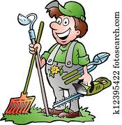 κηπουρός, ακάθιστος, με, εργαλεία
