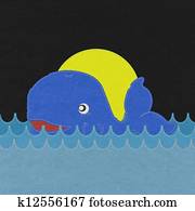 かわいい 微笑 クジラ で ステッチ スタイル 上に 生地 背景 イラスト K Fotosearch