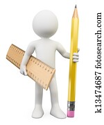 3d, blanco, personas., lápiz, y, regla