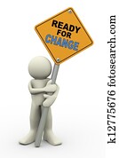 3d, homem, com, pronto, para, mudança, placa sinal