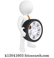 3D man holding a car wheel 3D man holding a car wheel