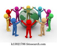 3d people around transparent globe