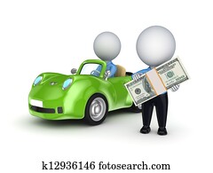 3d, pequeño, persona, con, un, verde, coche.