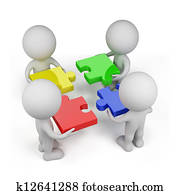 3d, persona, -, trabajo en equipo, con, rompecabezas