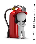 3d small people - fireman and a large extinguisher 3d small people - fireman and a large extinguisher
