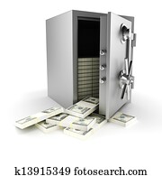3d vault with money inside, on white background