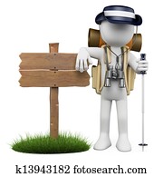 3D white people. Hiker with wooden sign 3D white people. Hiker with wooden sign