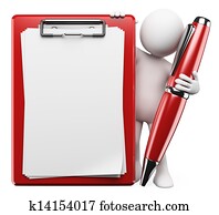 3D white people. Pen and clipboard