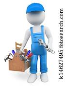 3d, לבן, אנשים., מתקן כל דבר, עם, a, קופסת כלים